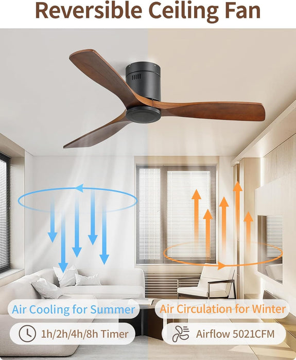 52 in. Flush Mount Wood Ceiling Fans without Lights, Modern Low Profile Ceiling Fan with Remote, Reversible Quiet Ceiling Fans for Bedrooms   Living Room -5-ErisView