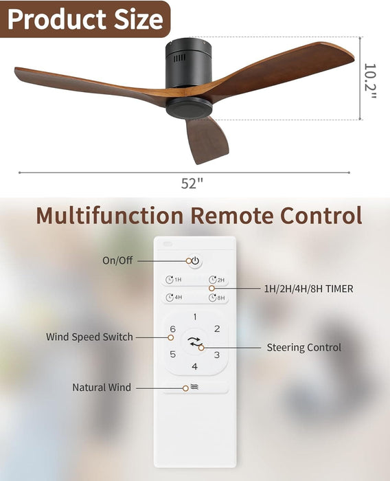 52 in. Flush Mount Wood Ceiling Fans without Lights, Modern Low Profile Ceiling Fan with Remote, Reversible Quiet Ceiling Fans for Bedrooms   Living Room -7-ErisView