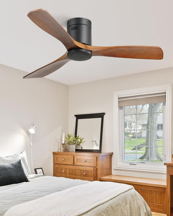 52 in. Flush Mount Wood Ceiling Fans without Lights, Modern Low Profile Ceiling Fan with Remote, Reversible Quiet Ceiling Fans for Bedrooms   Living Room -8-ErisView