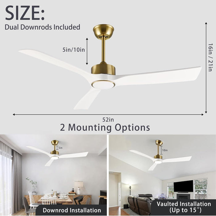 52 in. Gold and White Ceiling Fan with Light and Remote, Reversible Wood Blades, Silent Operation, Warm Soft Light, Suitable for Indoor and Outdoor Space-2-ErisView