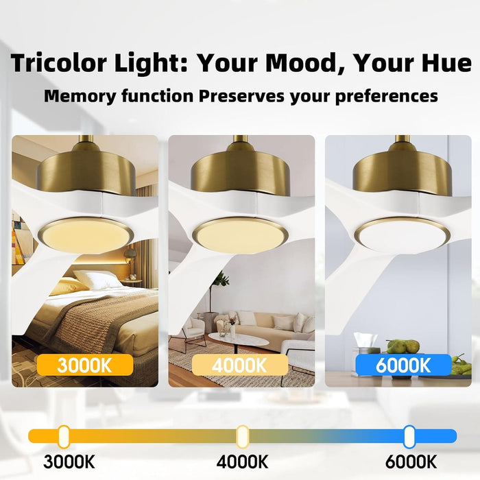 52 in. Gold and White Ceiling Fan with Light and Remote, Reversible Wood Blades, Silent Operation, Warm Soft Light, Suitable for Indoor and Outdoor Space-4-ErisView