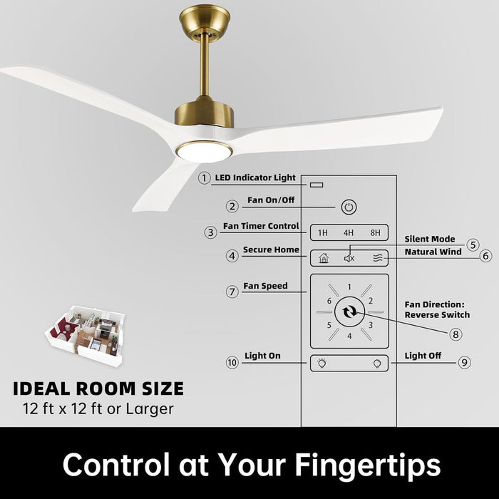 52 in. Gold and White Ceiling Fan with Light and Remote, Reversible Wood Blades, Silent Operation, Warm Soft Light, Suitable for Indoor and Outdoor Space-6-ErisView