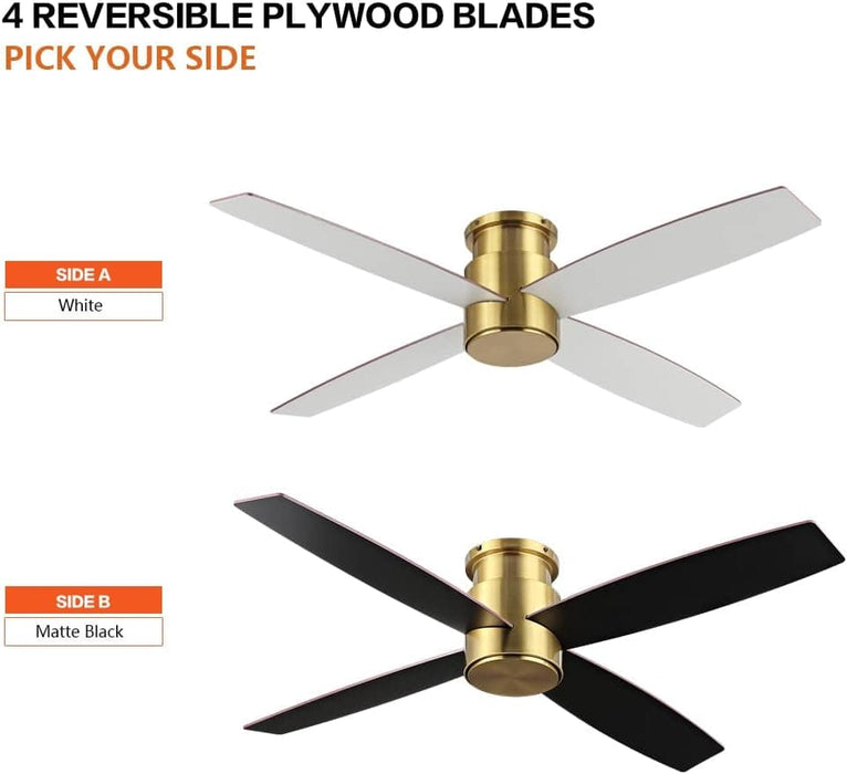 52 in. Hugger Ceiling Fan with Lights and Remote, Quiet Reversible DC Ceiling Fan, Indoor Flush Mount Low Profile Ceiling Fan, Brass Ceiling Fan-22-ErisView