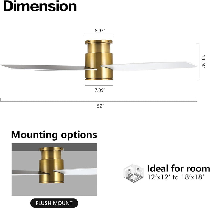 52 in. Hugger Ceiling Fan with Lights and Remote, Quiet Reversible DC Ceiling Fan, Indoor Flush Mount Low Profile Ceiling Fan, Brass Ceiling Fan-4-ErisView