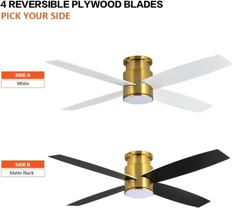 52 in. Hugger Ceiling Fan with Lights and Remote, Quiet Reversible DC Ceiling Fan, Indoor Flush Mount Low Profile Ceiling Fan, Brass Ceiling Fan-6-ErisView
