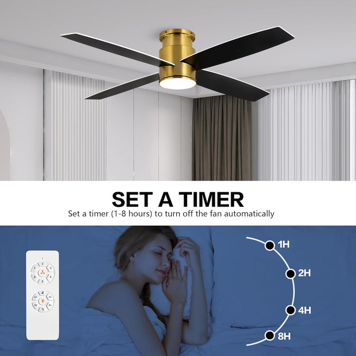 52 in. Hugger Ceiling Fan with Lights and Remote, Quiet Reversible DC Ceiling Fan, Indoor Flush Mount Low Profile Ceiling Fan, Brass Ceiling Fan-8-ErisView