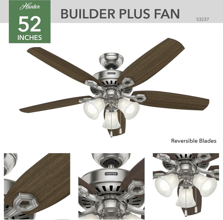 52 in. Indoor Ceiling Fan with Pull Chain Control, Brushed Nickel Ceiling Fan, Hugger Ceiling Fans-2-ErisView