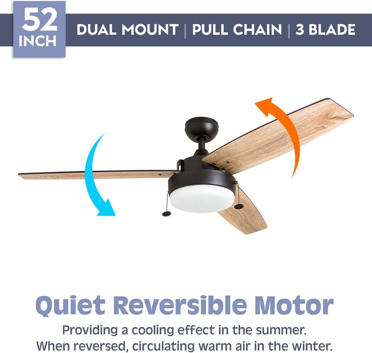 52 in. Indoor Contemporary Ceiling Fan with Light Pull Chain, Modern Fan with Light, Reversible Fan for Summer Winter-4-ErisView