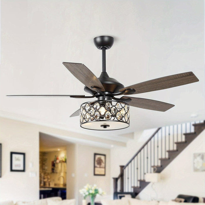 52 in. Indoor Crystal Ceiling Fan with Light and Remote Control, Modern Ceiling Fan Chandelier with Cage for Living Room-Black-ErisView