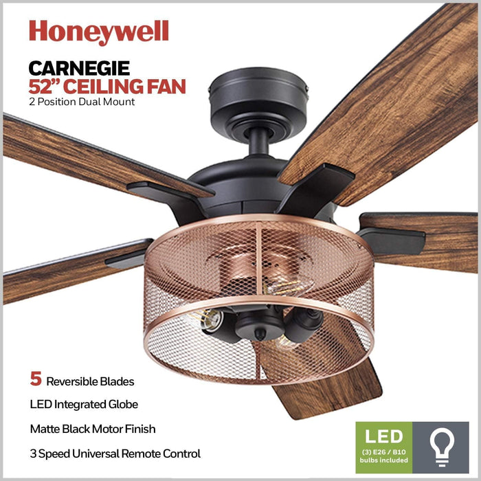 52 in. Indoor LED Industrial Looking Ceiling Fan with Light and Remote Control, Matte Black Reversible Ceiling Fan-15-ErisView