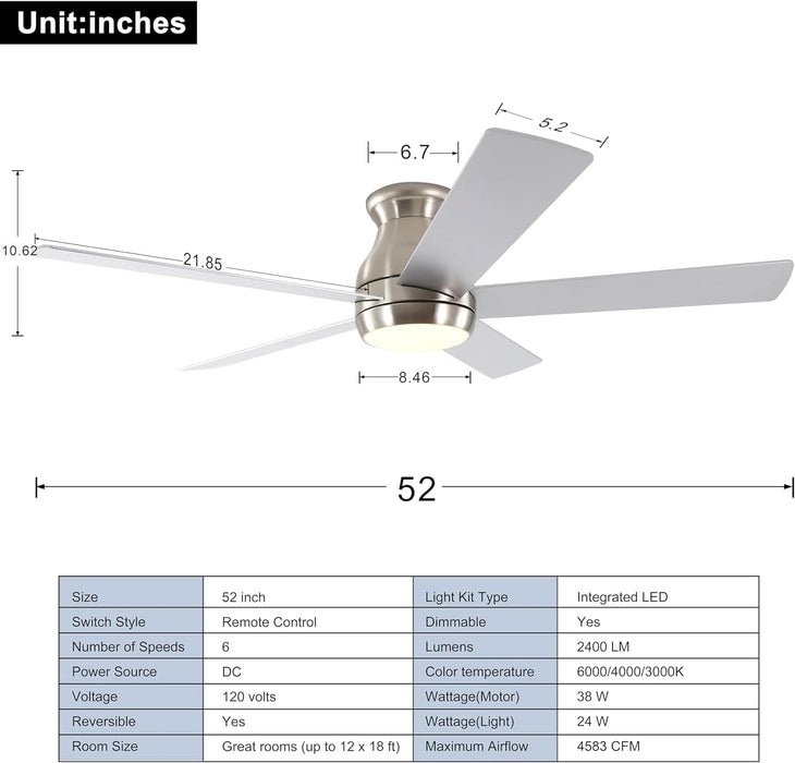 52 in. Indoor Low Profile Brushed Nickel Ceiling Fan for Bedroom Living Room Dining Room, Good Ceiling Fans, 5 Blade Ceiling Fan-2-ErisView