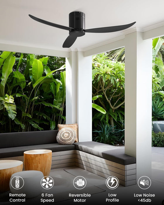 52 in. Indoor Matt Black Ceiling Fan NO Light with Remote Control, 3 Blades Flush Mount Low Profile Ceiling Fan for Dining Room Bedroom Living Room Patio-2-ErisView