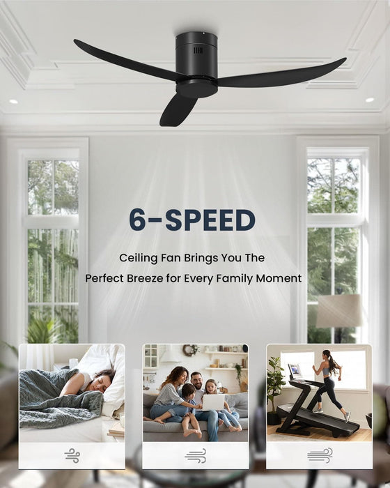52 in. Indoor Matt Black Ceiling Fan NO Light with Remote Control, 3 Blades Flush Mount Low Profile Ceiling Fan for Dining Room Bedroom Living Room Patio-3-ErisView