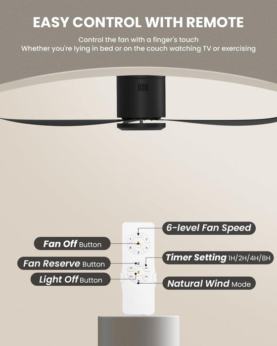 52 in. Indoor Matt Black Ceiling Fan NO Light with Remote Control, 3 Blades Flush Mount Low Profile Ceiling Fan for Dining Room Bedroom Living Room Patio-6-ErisView