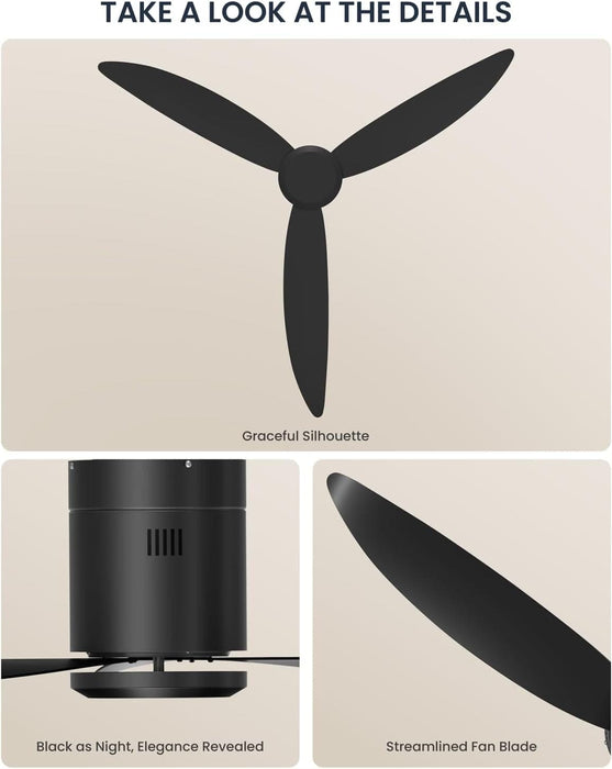 52 in. Indoor Matt Black Ceiling Fan NO Light with Remote Control, 3 Blades Flush Mount Low Profile Ceiling Fan for Dining Room Bedroom Living Room Patio-7-ErisView
