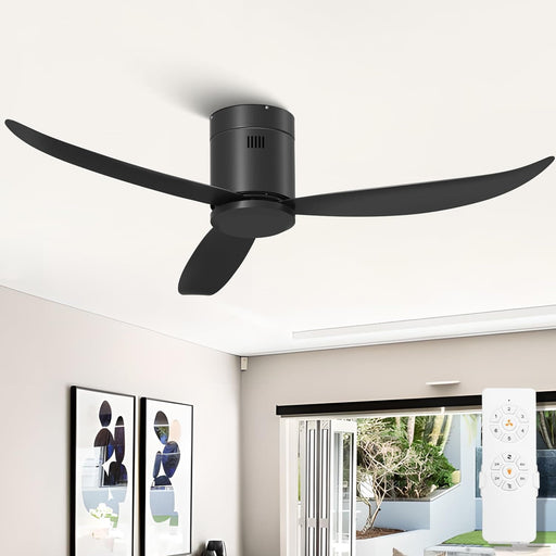 52 in. Indoor Matt Black Ceiling Fan NO Light with Remote Control, 3 Blades Flush Mount Low Profile Ceiling Fan for Dining Room Bedroom Living Room Patio-1-ErisView
