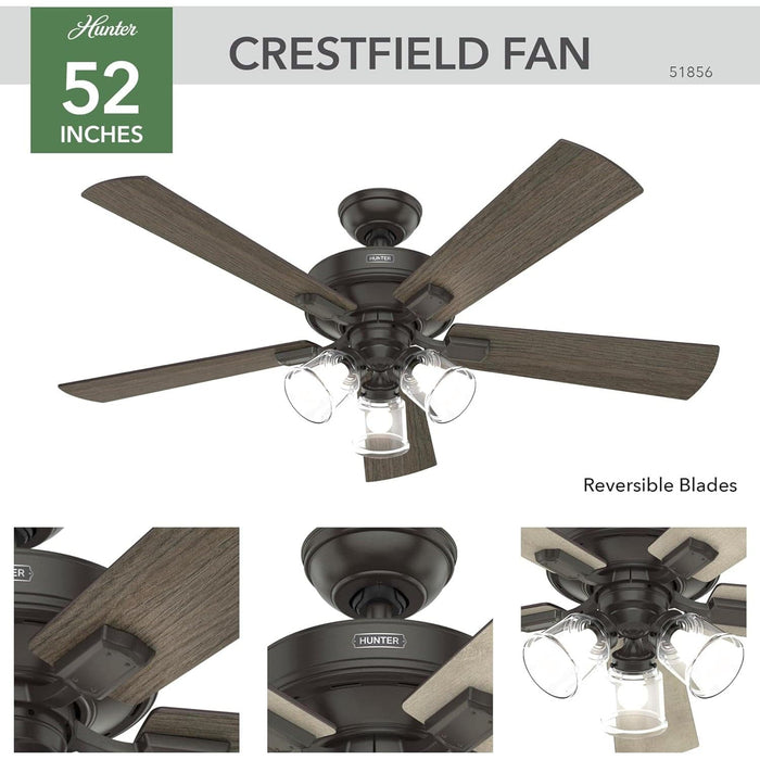 52 in. Indoor Noble Bronze Ceiling Fan with Remote Control, Dimmable Ceiling Fan and Light, Hugger Ceiling Fans-4-ErisView