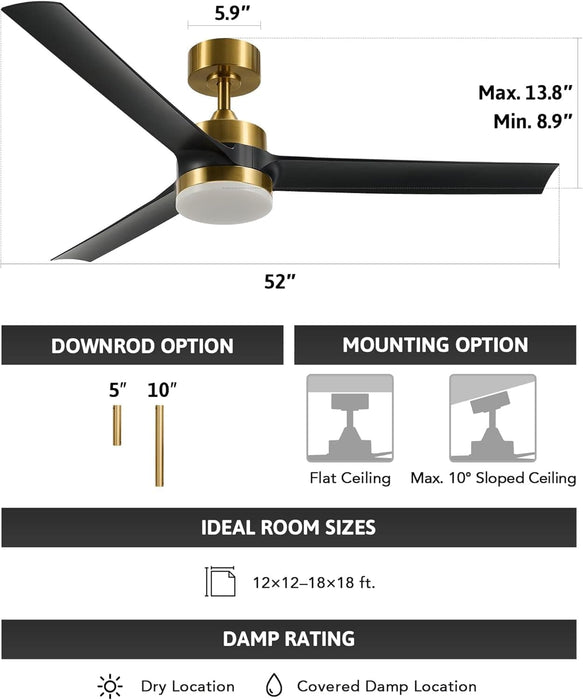 52 in. Indoor Outdoor Black Modern Ceiling Fan and Remote, Reversible Quiet Ceiling Fan for Bedroom, Outdoor Patio Ceiling Fans-15-ErisView
