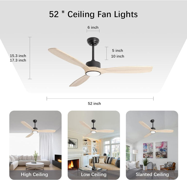 52 in. Indoor Outdoor Ceiling Fan with Light and Remote, Natural Wood Reversible Quiet Ceiling Fans for Bedroom Living Room, Patio Fans-2-ErisView