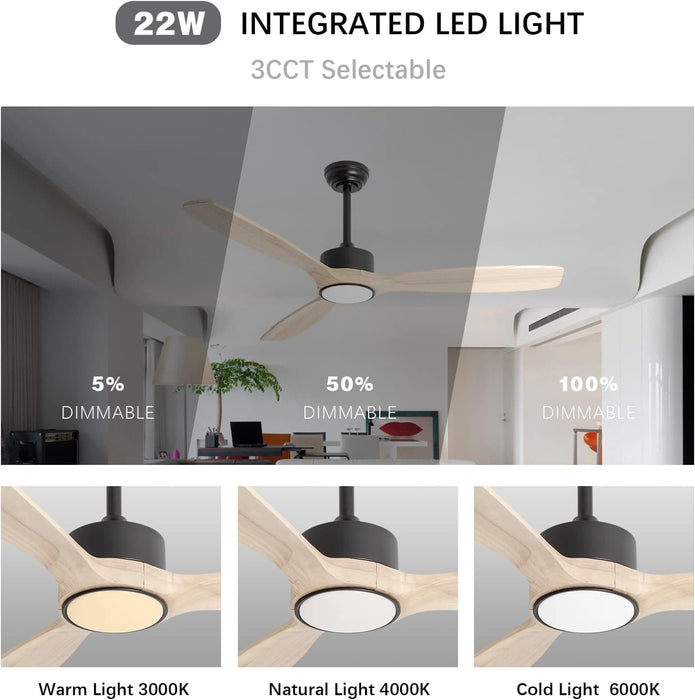 52 in. Indoor Outdoor Ceiling Fan with Light and Remote, Natural Wood Reversible Quiet Ceiling Fans for Bedroom Living Room, Patio Fans-4-ErisView