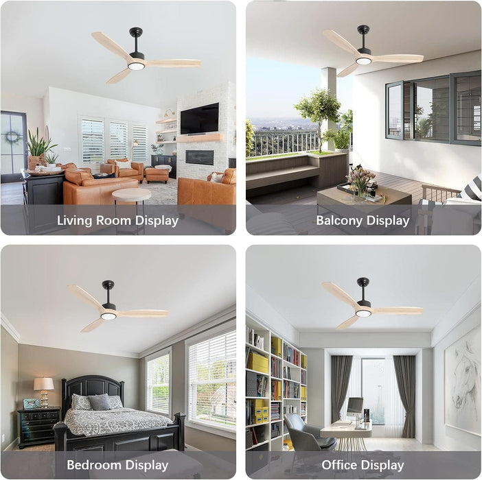 52 in. Indoor Outdoor Ceiling Fan with Light and Remote, Natural Wood Reversible Quiet Ceiling Fans for Bedroom Living Room, Patio Fans-7-ErisView