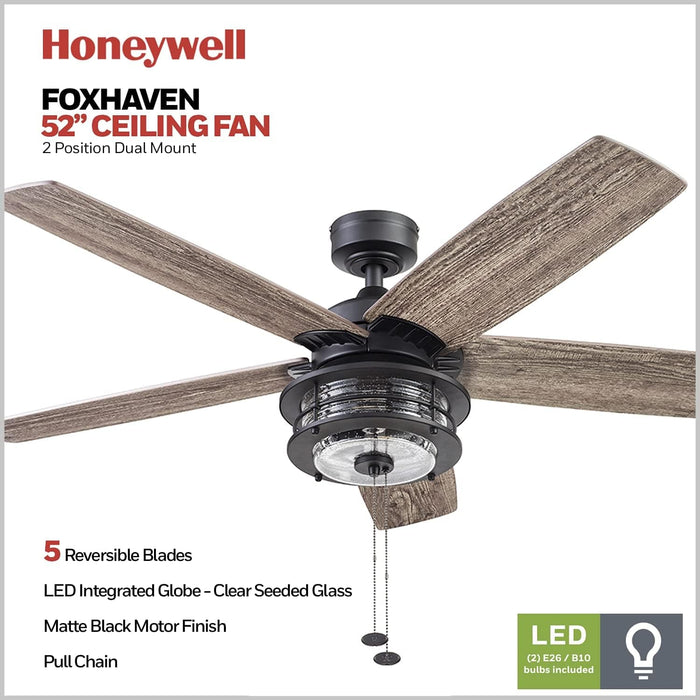52 in. Indoor Outdoor Farmhouse Ceiling Fan with Light, Pull Chain, Reversible Fan for Summer Winter, Matte Black Outdoor Fan-2-ErisView