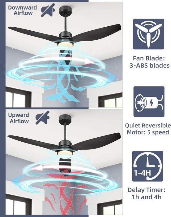 52 in. Indoor Outdoor Modern Ceiling Fan with Light and Remote, Reversible Ceiling Fan for Living Room Bedroom, Bathroom, Matte Black Outdoor Fan-3-ErisView