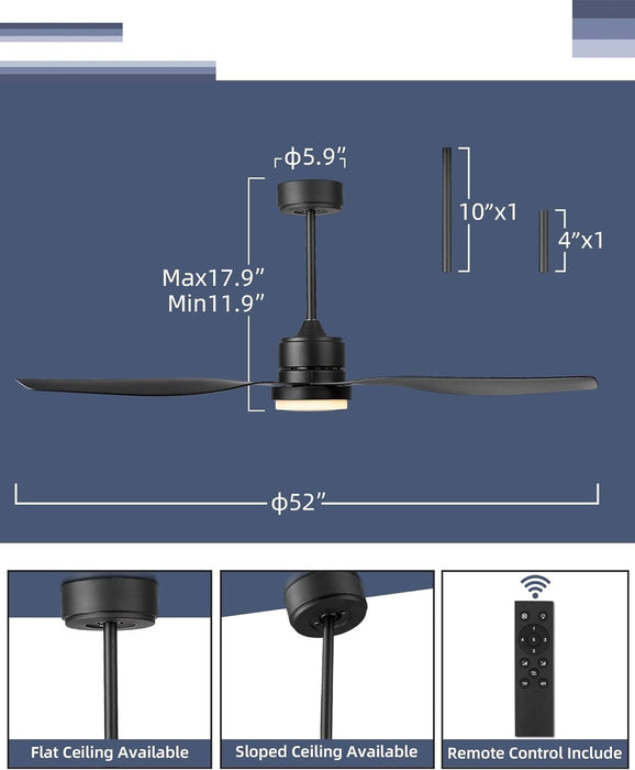 52 in. Indoor Outdoor Modern Ceiling Fan with Light and Remote, Reversible Ceiling Fan for Living Room Bedroom, Bathroom, Matte Black Outdoor Fan-6-ErisView