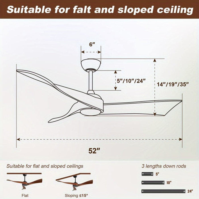 52 in. Indoor Outdoor Modern Ceiling Fan without Light with Solid Wood Blade Reversible Ceiling Fan for Porch-ErisView