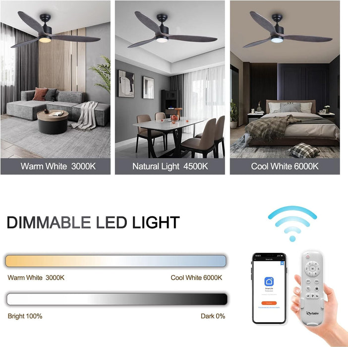 52 in. Indoor Outdoor Reversible Silent Ceiling Fan, Wood Ceiling Fan with Lights and Remote, 3 Blade Propeller Smart Ceiling Fan for Bedroom Living Room-17-ErisView