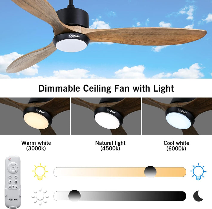 52 in. Indoor Outdoor Reversible Silent Ceiling Fan, Wood Ceiling Fan with Lights and Remote, 3 Blade Propeller Smart Ceiling Fan for Bedroom Living Room-2-ErisView