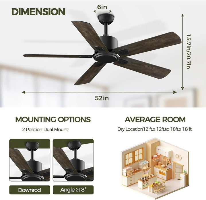 52 in. Indoor Remote Control Fan for Bedroom Living Room, Black Modern Outdoor Ceiling Fan NO Light, 5 Blades Outdoor Fan for Patio-6-ErisView