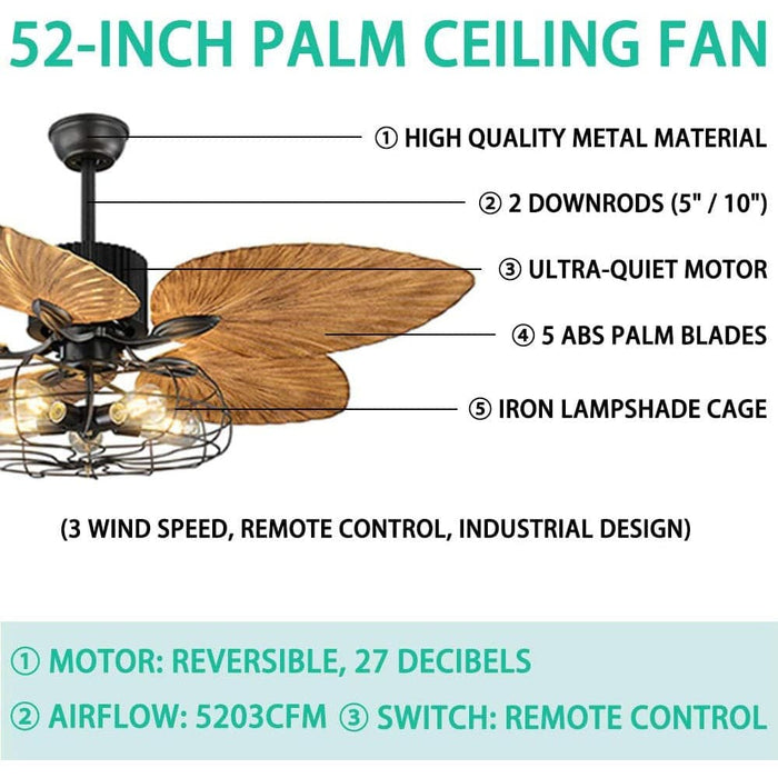 52 in. Indoor Vintage Tropical Ceiling Fans Chandelier with Remote, Industrial Caged Ceiling Fan, Quiet Black Palm Ceiling Fan-5-ErisView