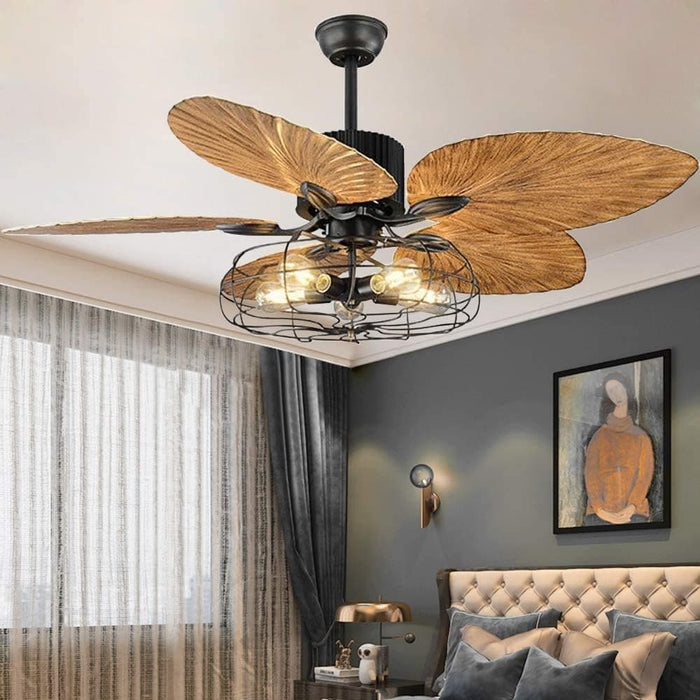 52 in. Indoor Vintage Tropical Ceiling Fans Chandelier with Remote, Industrial Caged Ceiling Fan, Quiet Black Palm Ceiling Fan-6-ErisView