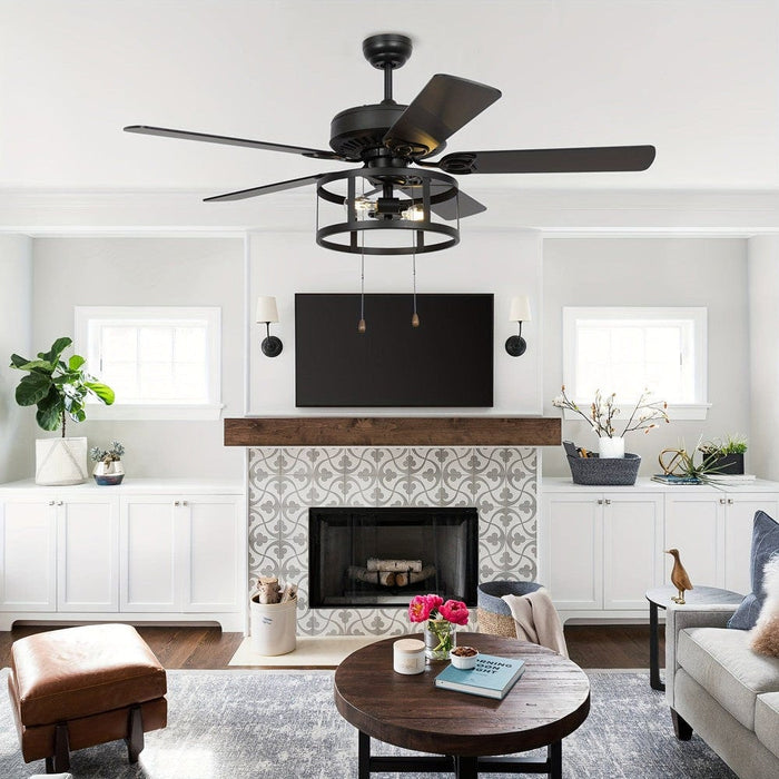 52 in. Industrial Black Ceiling Fan with Caged, Indoor Ceiling Fan with Remote Control Pull Chain and Light Kit-ErisView