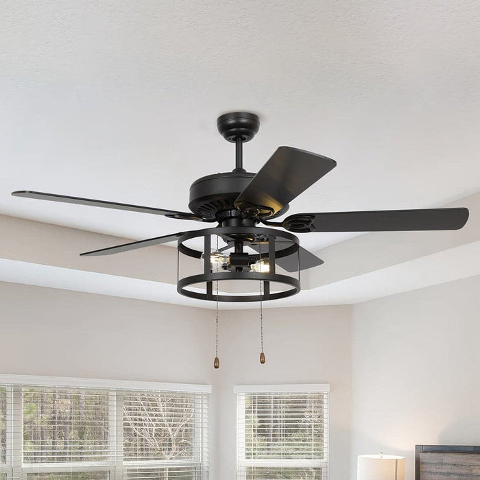 52 in. Industrial Black Ceiling Fan with Caged, Indoor Ceiling Fan with Remote Control Pull Chain and Light Kit-ErisView