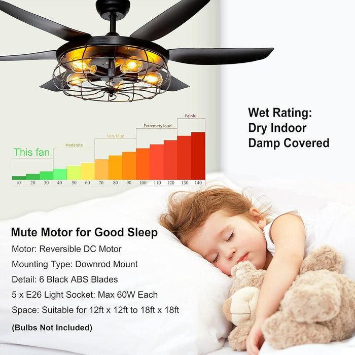 52 in. Industrial Caged Ceiling Fan Light Fixture for Living Room Bedroom, Remote Control Ceiling Fan and Light, Black Outdoor Ceiling Fan for Patio-2-ErisView