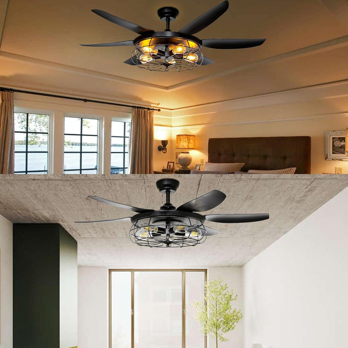 52 in. Industrial Caged Ceiling Fan Light Fixture for Living Room Bedroom, Remote Control Ceiling Fan and Light, Black Outdoor Ceiling Fan for Patio-5-ErisView