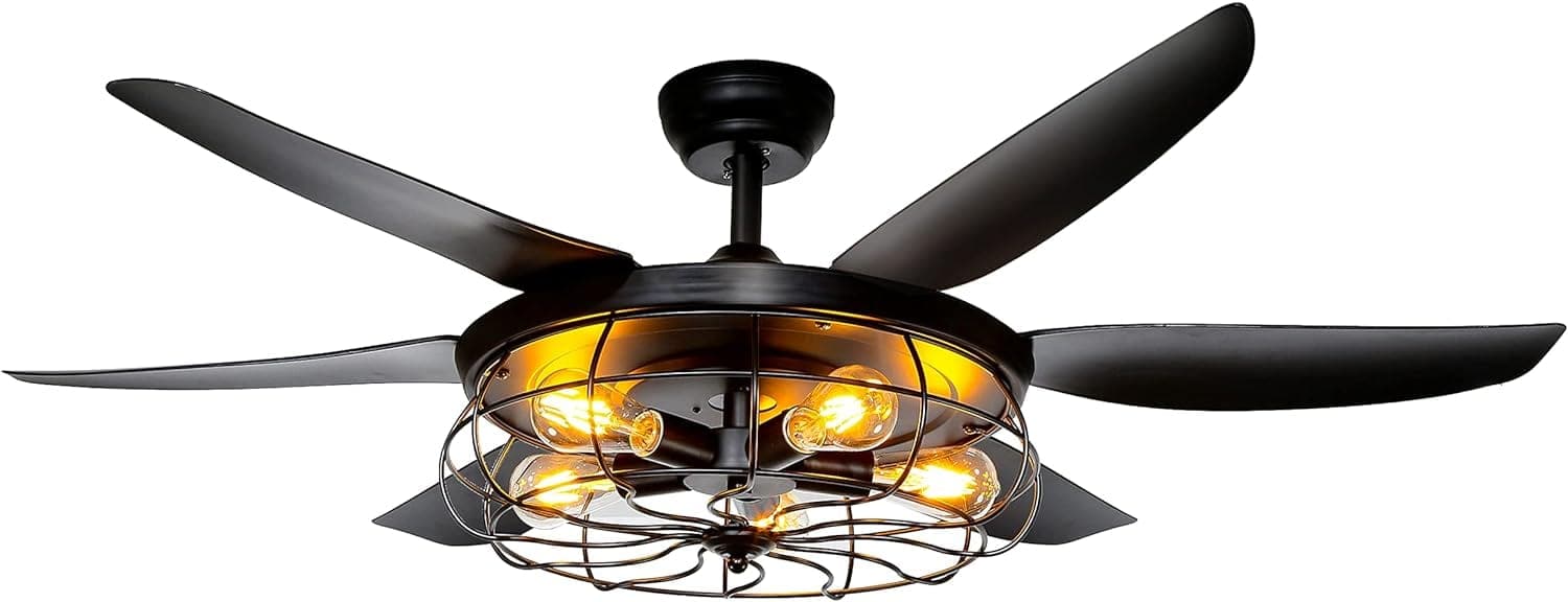 52 in. Industrial Caged Ceiling Fan Light Fixture for Living Room Bedroom, Remote Control Ceiling Fan and Light, Black Outdoor Ceiling Fan for Patio-8-ErisView