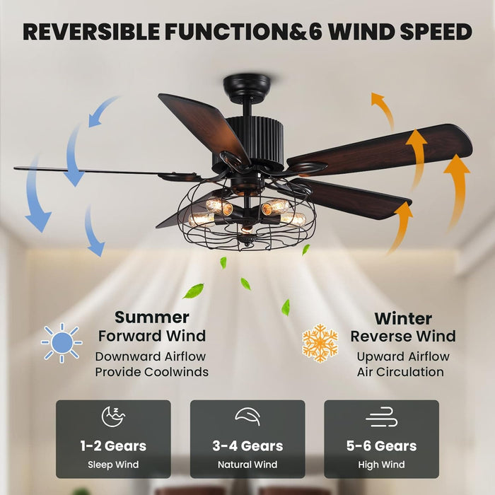52 in. Industrial Caged Ceiling Fan with Light and Remote, Black Vintage Farmhouse Fandelier for Dining Room Living Room Bedroom-3-ErisView