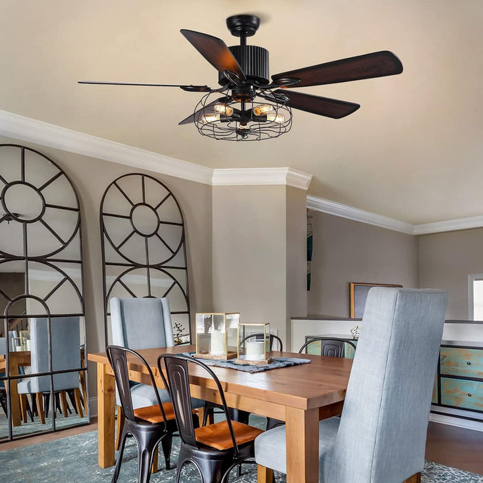 52 in. Industrial Caged Ceiling Fan with Light and Remote, Black Vintage Farmhouse Fandelier for Dining Room Living Room Bedroom-5-ErisView