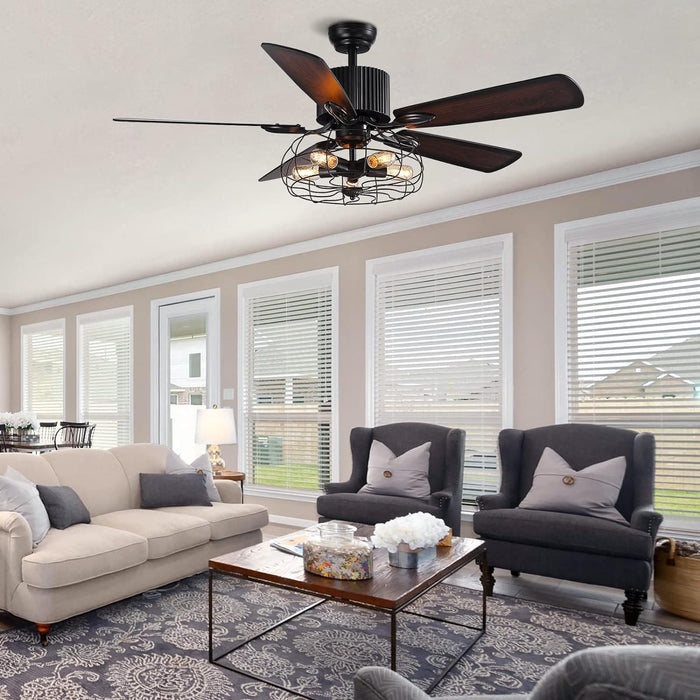 52 in. Industrial Caged Ceiling Fan with Light and Remote, Black Vintage Farmhouse Fandelier for Dining Room Living Room Bedroom-8-ErisView