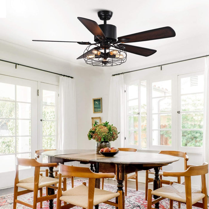 52 in. Industrial Caged Ceiling Fan with Light and Remote, Black Vintage Farmhouse Fandelier for Dining Room Living Room Bedroom-9-ErisView
