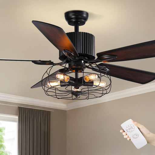 52 in. Industrial Caged Ceiling Fan with Light and Remote, Black Vintage Farmhouse Fandelier for Dining Room Living Room Bedroom-1-ErisView