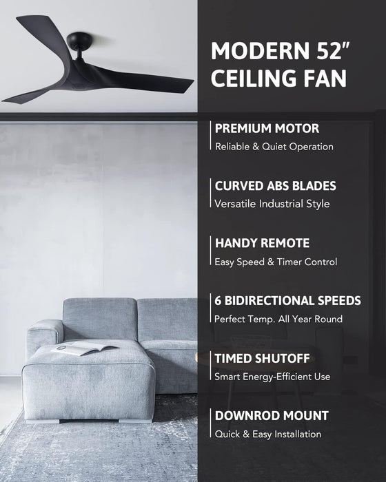 52 in. Industrial Ceiling Fan NO Light, Mid Century Ceiling Fan with Remote, 3 Walnut Blade Indoor Ceiling Fan for Kitchen Bedroom Living Room-22-ErisView