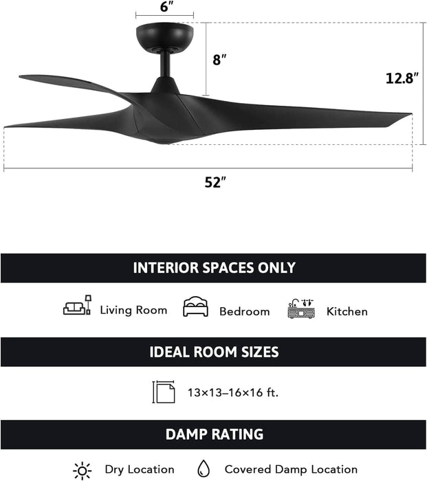 52 in. Industrial Ceiling Fan NO Light, Mid Century Ceiling Fan with Remote, 3 Walnut Blade Indoor Ceiling Fan for Kitchen Bedroom Living Room-24-ErisView