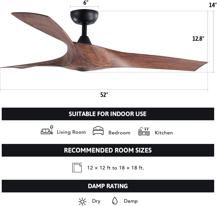 52 in. Industrial Ceiling Fan NO Light, Mid Century Ceiling Fan with Remote, 3 Walnut Blade Indoor Ceiling Fan for Kitchen Bedroom Living Room-7-ErisView