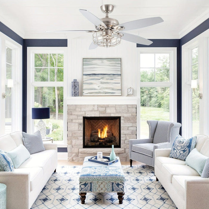 52 in. Industrial Ceiling Fan with Light and Iron Cage, Low Profile Reversible Ceiling Fan for Living Room-ErisView