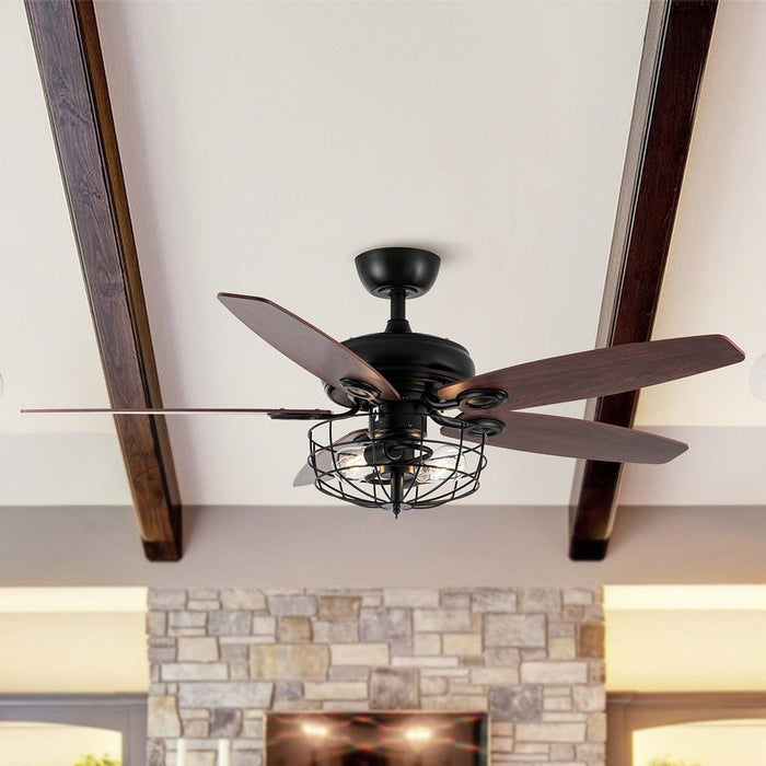 52 in. Industrial Ceiling Fan with Light and Iron Cage, Low Profile Reversible Ceiling Fan for Living Room-ErisView