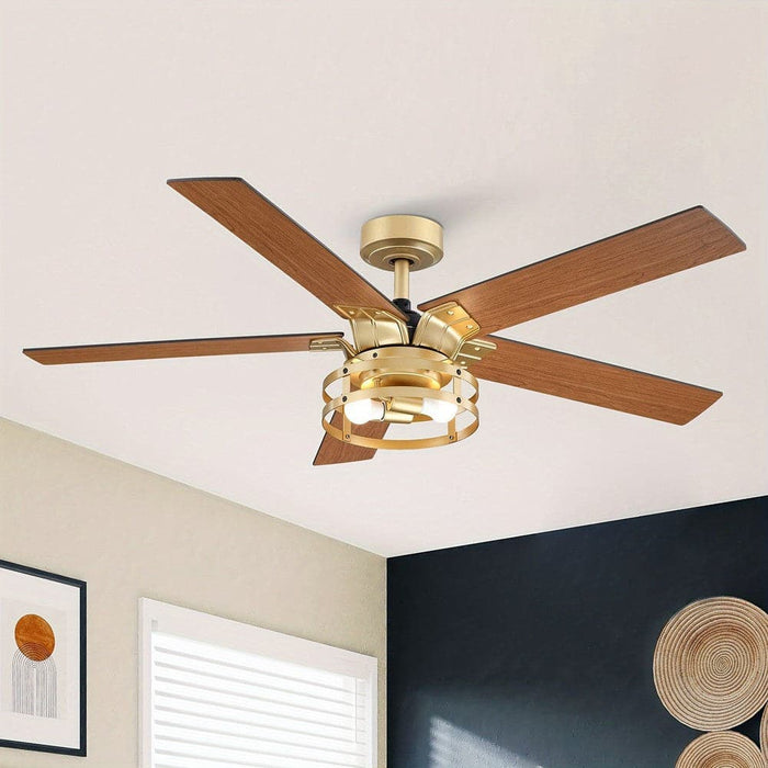 52 in. Industrial Downrod Mount Ceiling Fan with Light and Remote Control, Gold Reversible Ceiling Fan with Light-ErisView